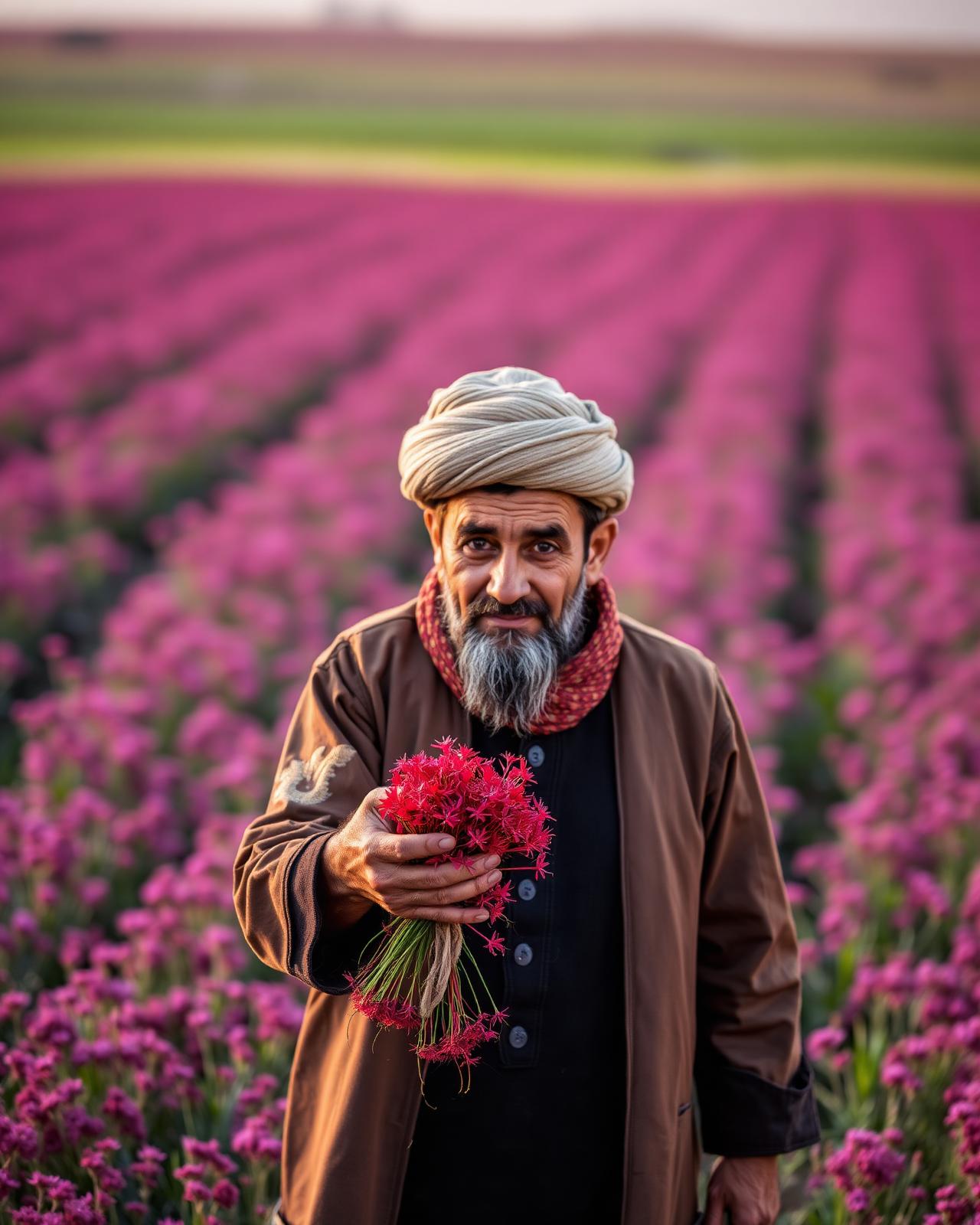 Afghan saffron farmer holding freshly picked crocus flowers in a Herat field