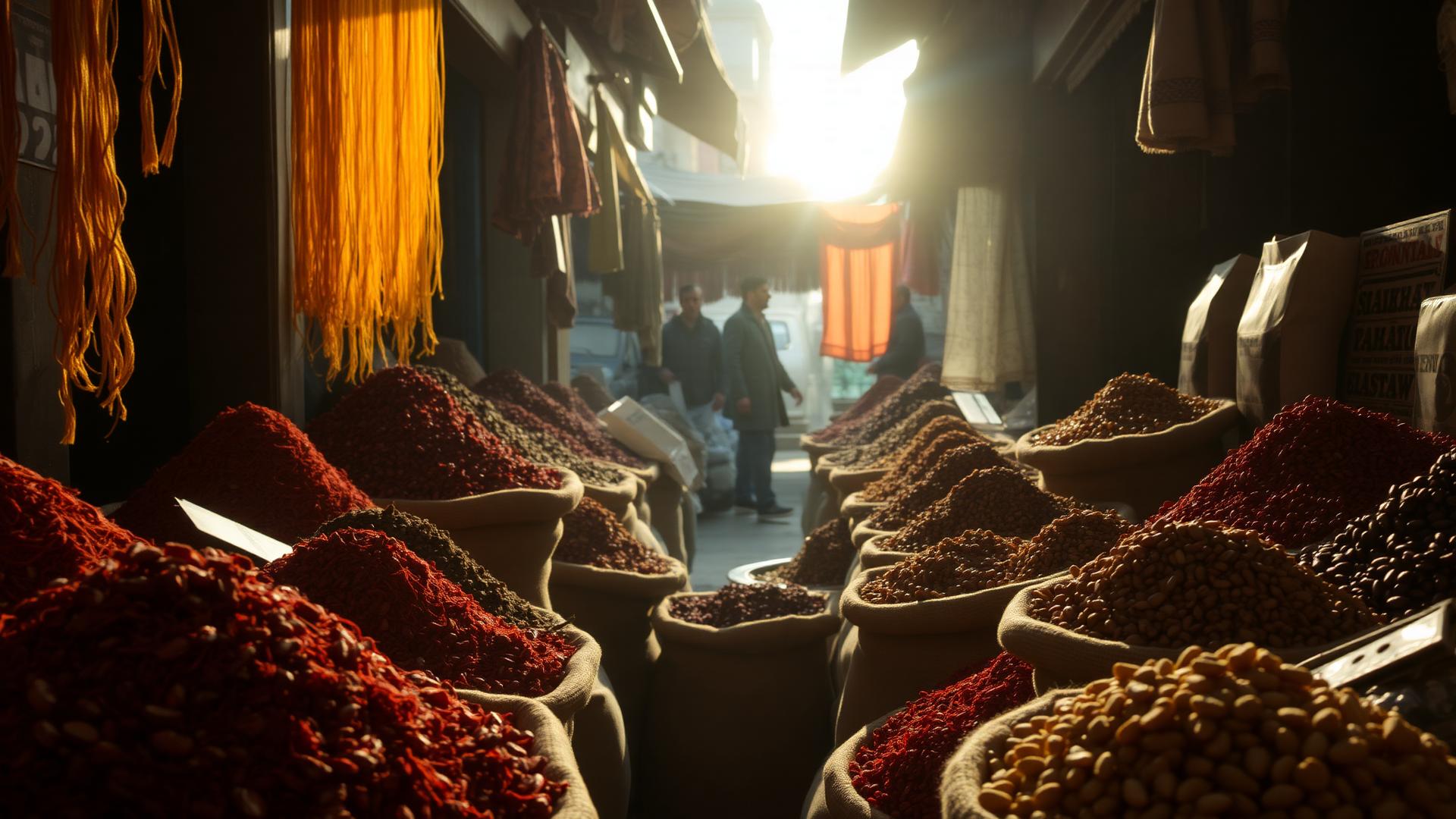Afghan spice and dry fruit bazaar with mounds of saffron, dried apricots and pistachios