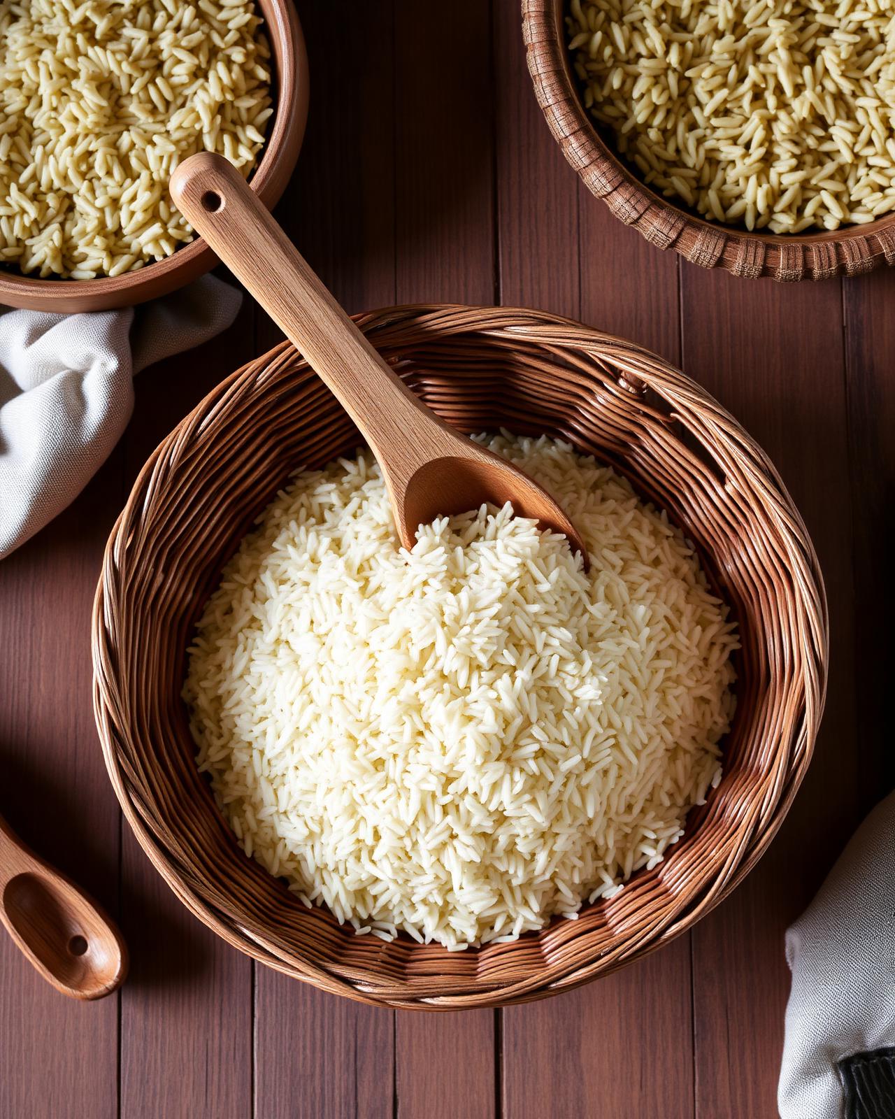 Aromatic Kalijira rice in a hand-woven basket with a wooden scoop