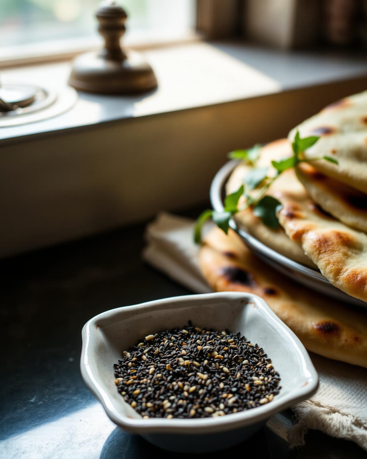 Kalonji (nigella seeds) in a ceramic dish next to fresh naan