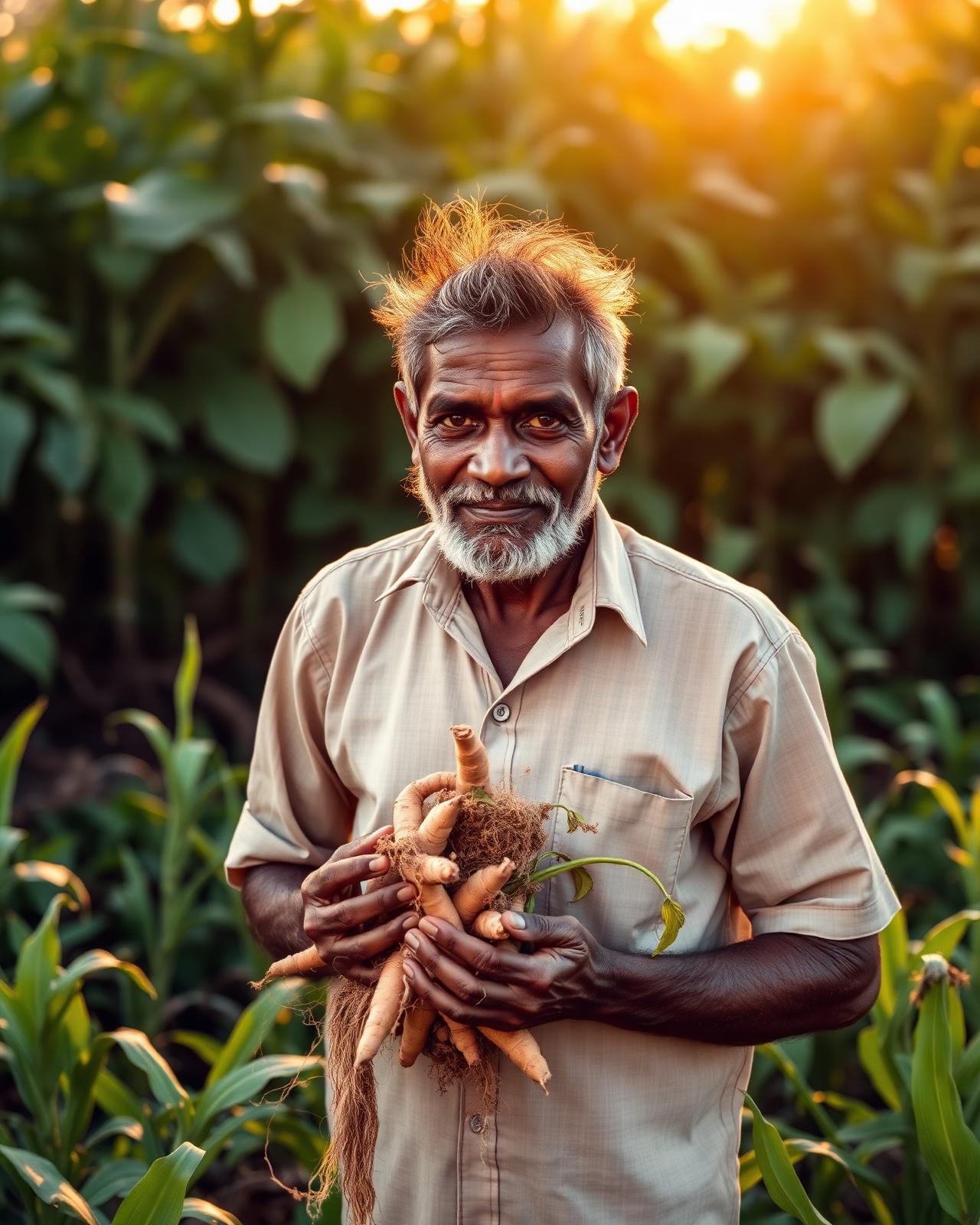 Indian turmeric farmer at golden hour holding freshly harvested rhizomes