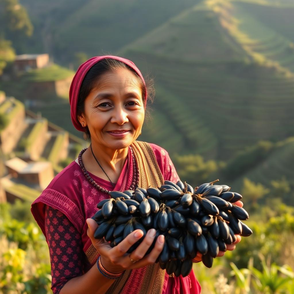 Nepali woman farmer in Ilam holding freshly cured black cardamom pods