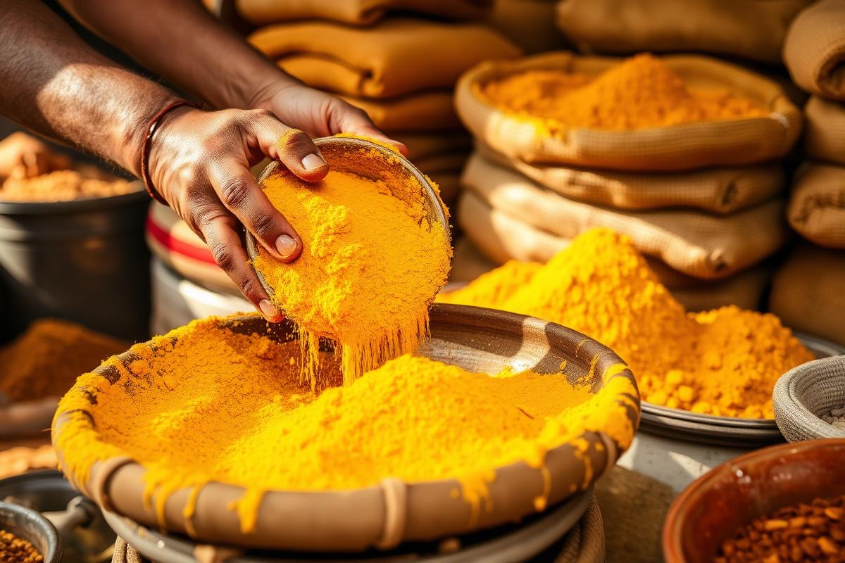 Hands sifting turmeric at a South Asian market