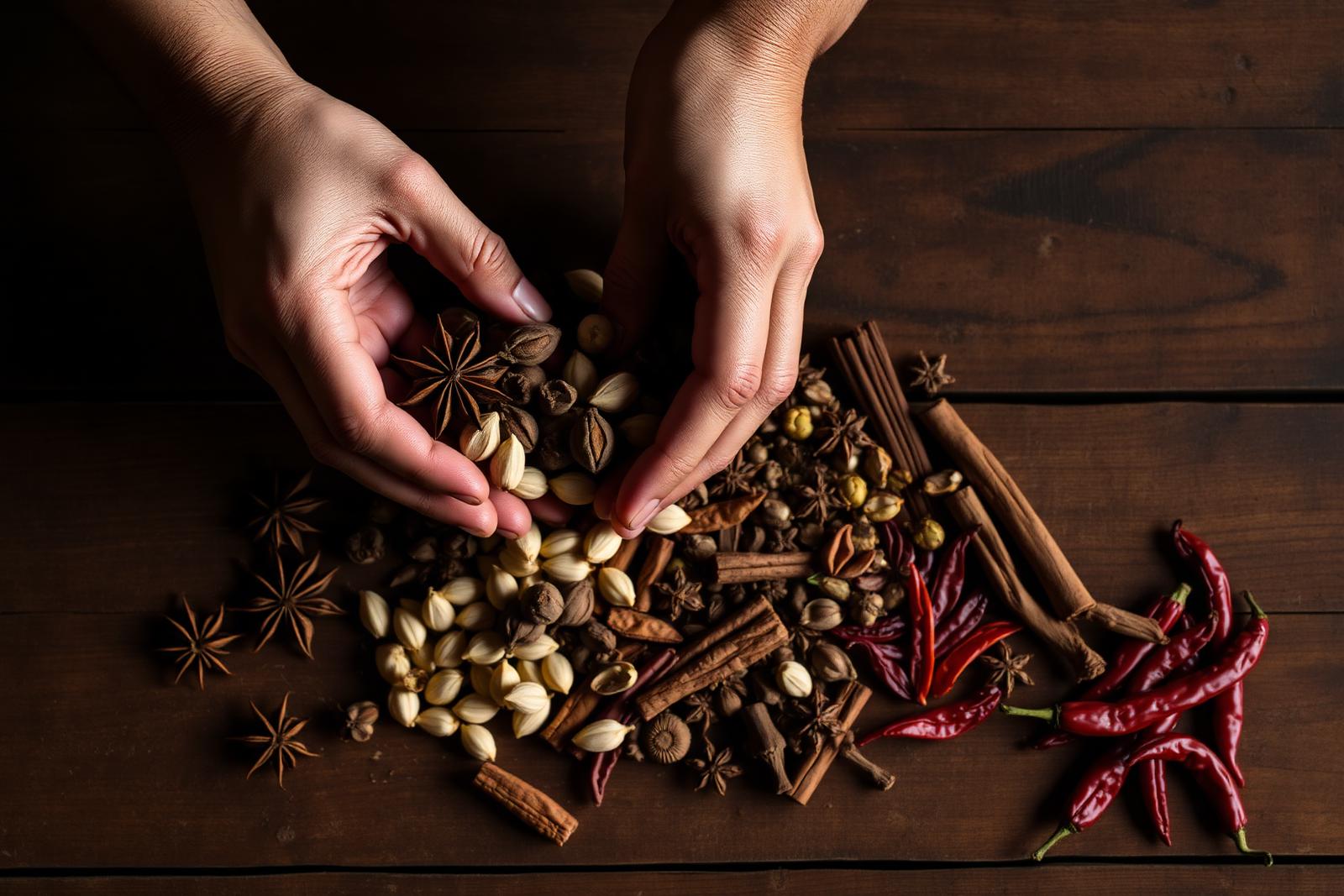 Hands sorting through whole spices on a wooden counter