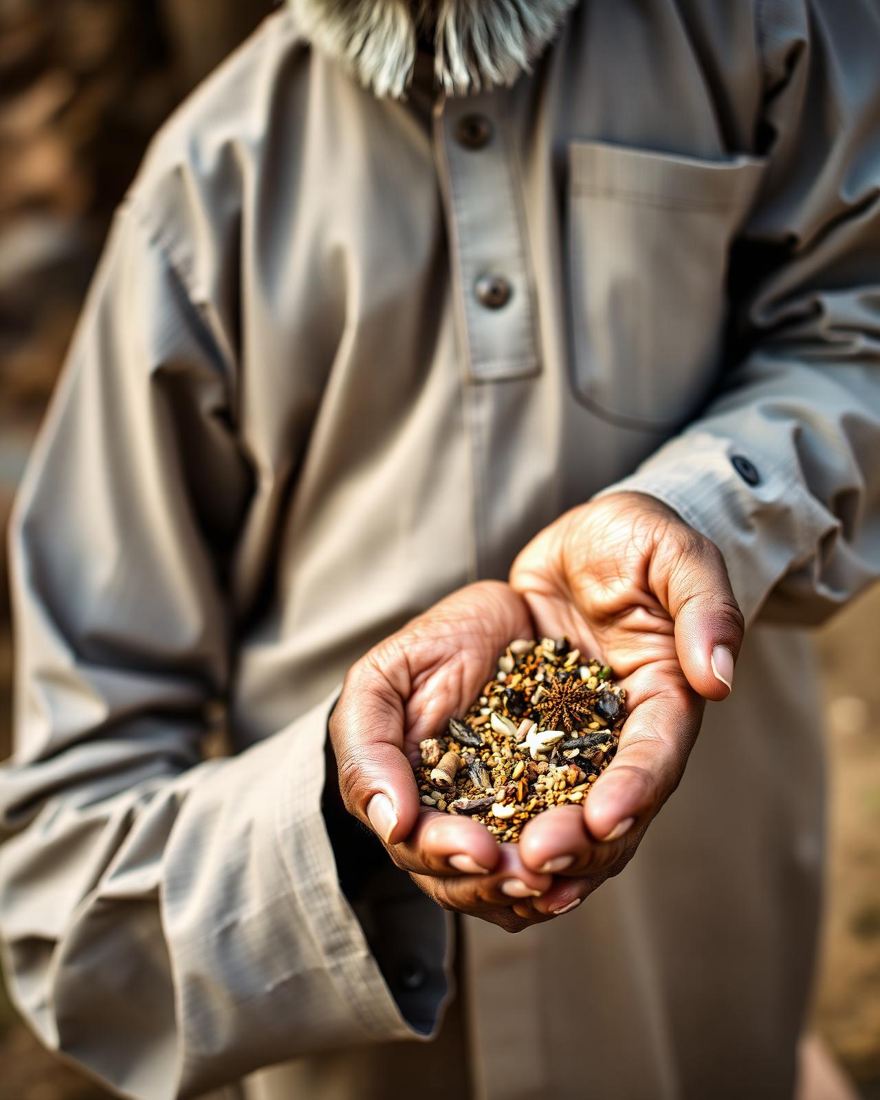 Pakistani farmer holding a handful of mixed whole spices
