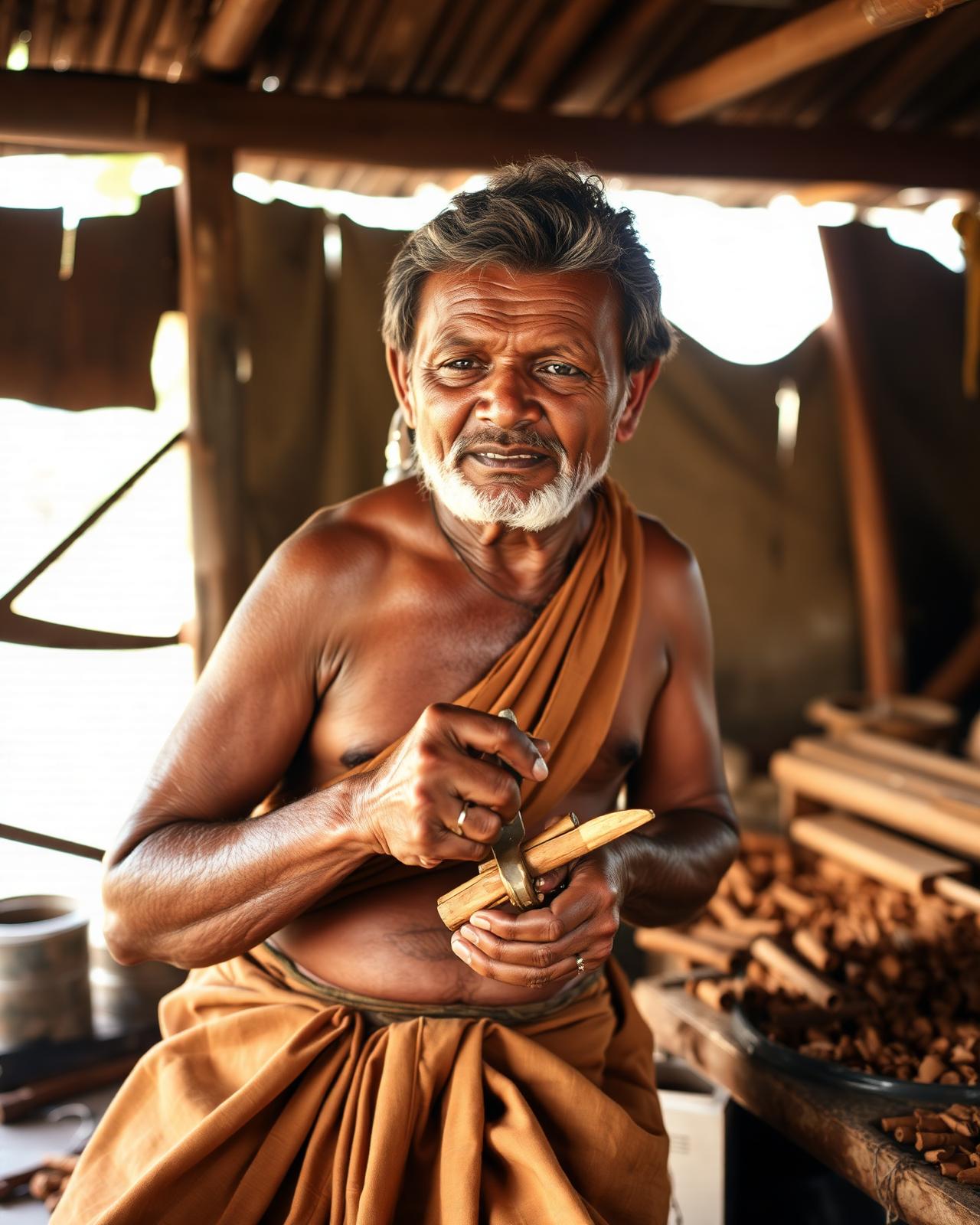 Sri Lankan cinnamon peeler hand-rolling true Ceylon cinnamon quills in a village workshop